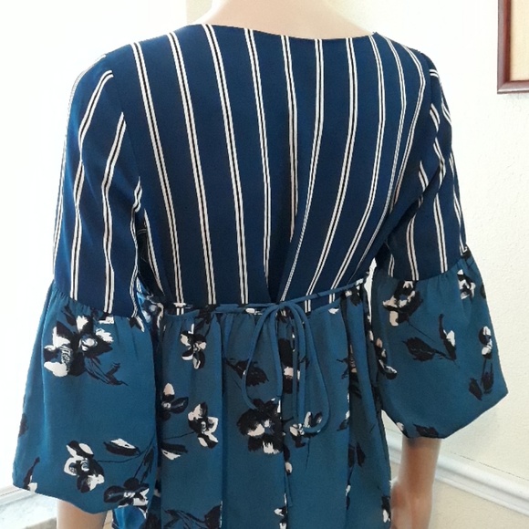 Monteau Blue Striped Floral Sheer Blouse - Picture 6 of 6
